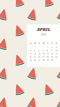 Calendar 2021 April printable with cute watermelon background