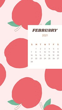 Calendar 2021 February printable with cute apple background