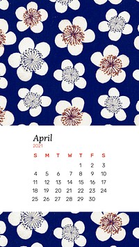 Calendar April 2021 printable vector with Japanese plum blossom remix artwork by Watanabe Seitei