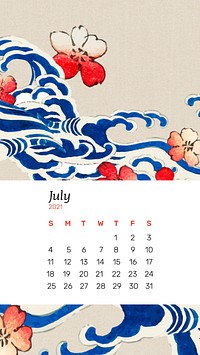 Calendar July 2021 printable with Japanese wave with sakura remix artwork by Watanabe Seitei