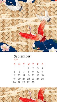 Calendar September 2021 printable with Japanese crane and bamboo weave artwork remix from original print by Watanabe Seitei