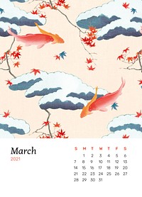 March 2021 calendar printable psd with vintage Japanese design and sakura artwork remix from original print by Watanabe Seitei