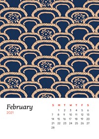 February 2021 calendar printable with traditional Japanese pattern remix artwork by Watanabe Seitei