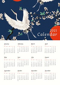 Calendar 2021 yearly printable vector with Japanese crane and sakura artwork remix from original print by Watanabe Seitei