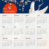 Calendar 2021 yearly downloadable with Japanese crane and sakura artwork remix from original print by Watanabe Seitei