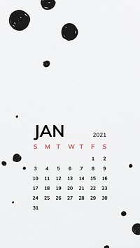 Calendar 2021 January printable with black polka dots pattern background
