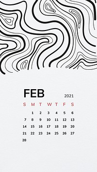 Calendar 2021 February printable with black line pattern background