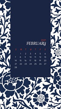 February 2021 printable calendar with blue William Morris floral pattern