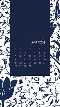 March 2021 printable calendar with blue William Morris floral pattern