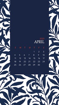April 2021 printable calendar with blue William Morris floral pattern