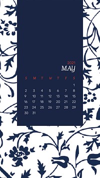 May 2021 printable calendar with blue William Morris floral pattern