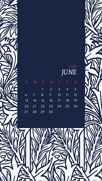 June 2021 printable calendar with blue William Morris floral pattern