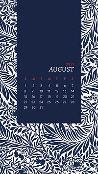 August 2021 printable calendar with blue William Morris floral pattern