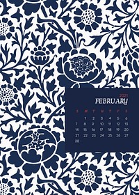 February 2021 printable calendar with William Morris blue floral pattern