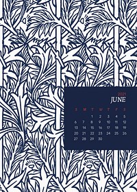 June 2021 printable calendar with William Morris blue floral pattern