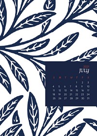 July 2021 printable calendar with William Morris blue floral pattern