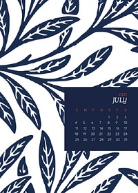 July 2021 editable calendar template vector with William Morris floral pattern