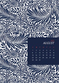 August 2021 printable calendar with William Morris blue floral pattern