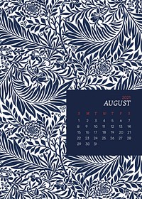 August2021 editable calendar template vector with William Morris floral pattern