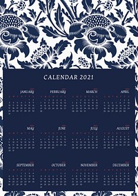 Calendar 2021 yearly printable with William Morris blue floral pattern