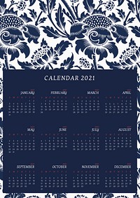 Calendar 2021 yearly editable template vector with William Morris floral pattern