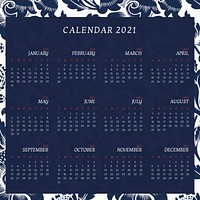 Calendar 2021 yearly editable template vector set with William Morris floral pattern