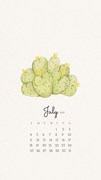 Calendar 2021 July printable with cute hand drawn cactus background