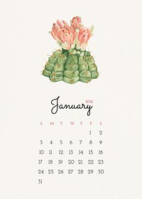 January2021 editable calendar template vector with watercolor cactus illustration