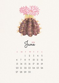 Calendar 2021 June printable with cute hand drawn cactus