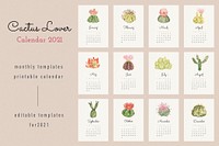 Calendar 2021 editable template vector with cute hand-drawn cactus set