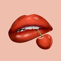 Red lips biting cherry vector sexy Valentine’s day design element