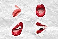 Red lips playful expression psd stickers set for Valentine&#39;s day