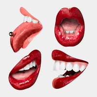 Red lips playful expression vector stickers set for Valentine&#39;s day