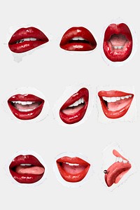Red lips expression stickers vector sexy Valentine&rsquo;s day theme collection