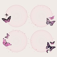 Girly circle frame butterfly vector cute purple shimmery illustration set
