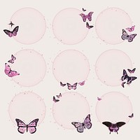 Girly butterfly frame vector circle glowing holographic illustration set