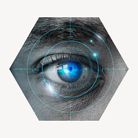 Biometric scan badge, futuristic technology remixed media photo in hexagon shape