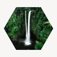 Beautiful waterfall badge, nature photo in hexagon shape