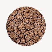 Global warming badge, cracked ground texture photo in round shape