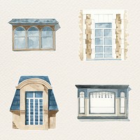 Vintage window architecture watercolor psd illustration collection