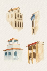 Psd old European building architecture watercolor illustration set