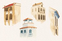 Old European architectural building watercolor collection