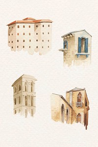 Vector old European architectural building watercolor collection