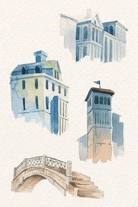 Vintage European architectural building vector watercolor set