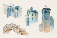 Psd vintage European architecture watercolor illustration collection hand drawn 