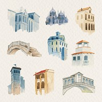 Psd old European architectural building watercolor clipart set