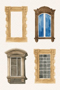 Old European window architecture watercolor set