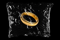 Gold wedding ring in plastic bag, marriage proposal creative concept art