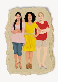 Diverse women standing, torn paper  collage element, journal sticker design