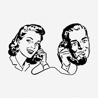 Couple phone call drawing, illustration. Free public domain CC0 image.
